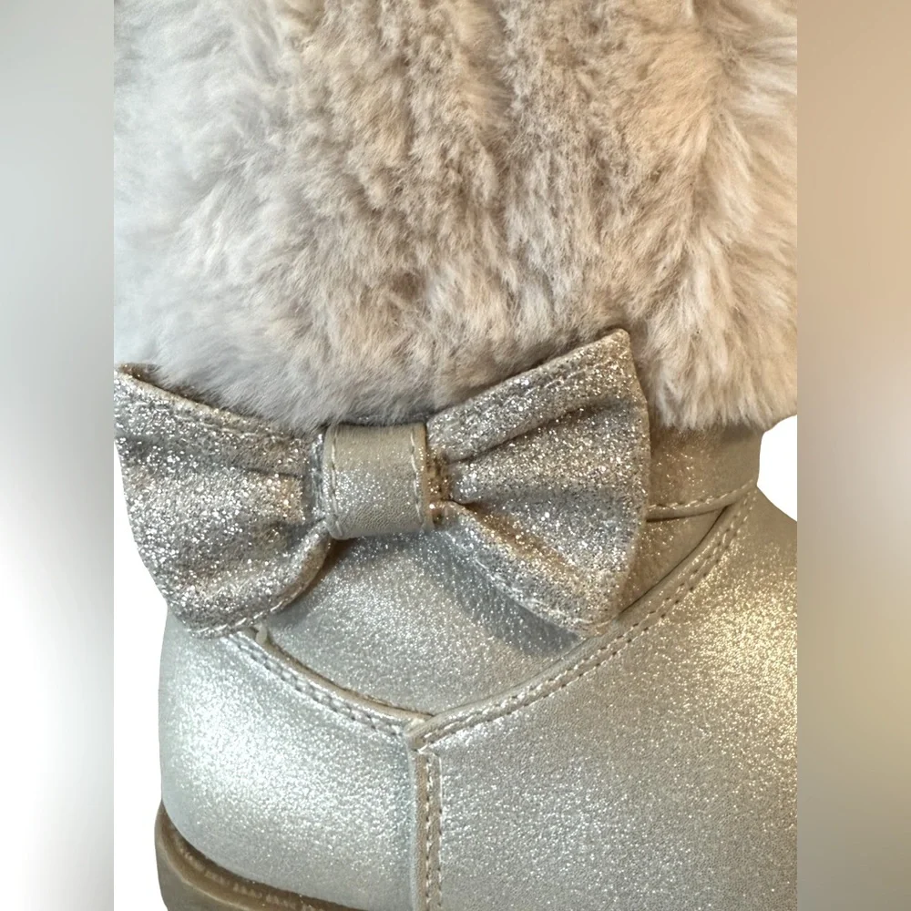 Rachel Shoes NWT Girls Size 10M Candice Sparkle Taupe Faux Fur Bow Boots (SH232) - Picture 3 of 6